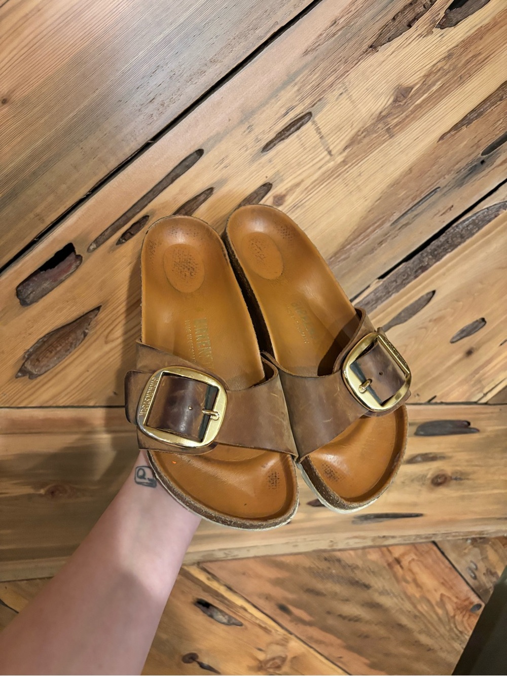 Birkenstock Tan Brown Leather Slide Sandals with Buckle